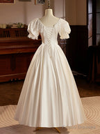 White Satin Tea Length Prom Dress With Lace, Retro A-Line Evening Party Dress