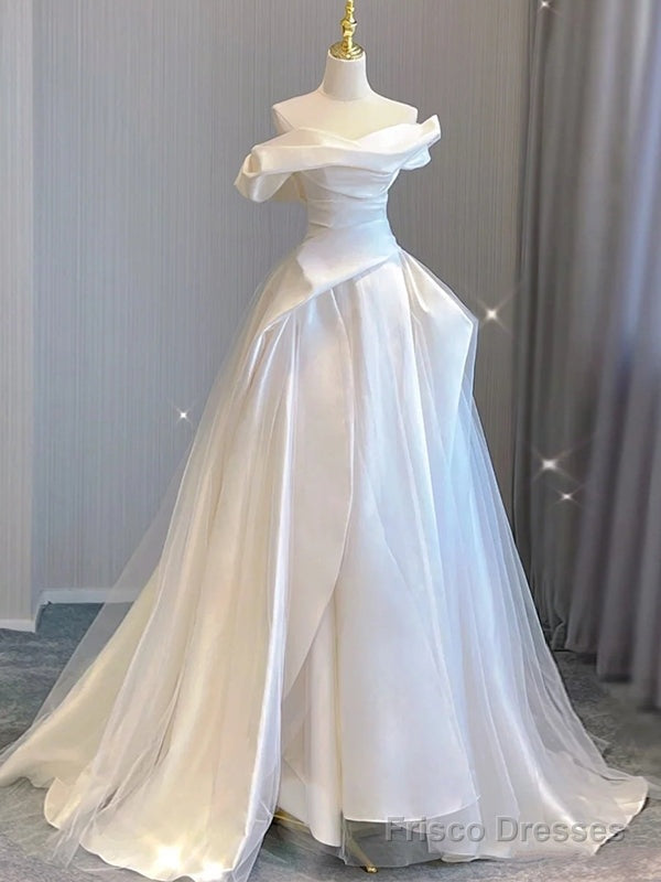 White Satin Tulle Off the Shoulder Pleats Wedding Dress Main image
