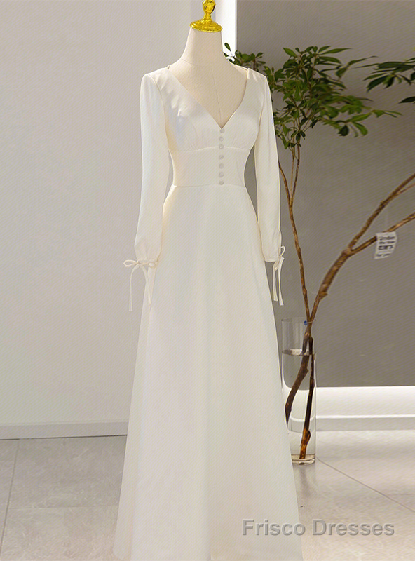 White Satin V-neck Backless Long Sleeve Wedding Dress Main image