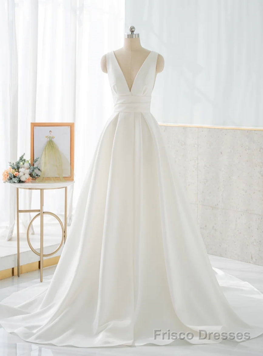 White Satin V-Neck Backless Pleats Wedding Dress Main image