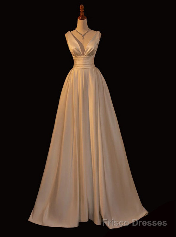 White Satin V-neck Pleats Wedding Dress Main image
