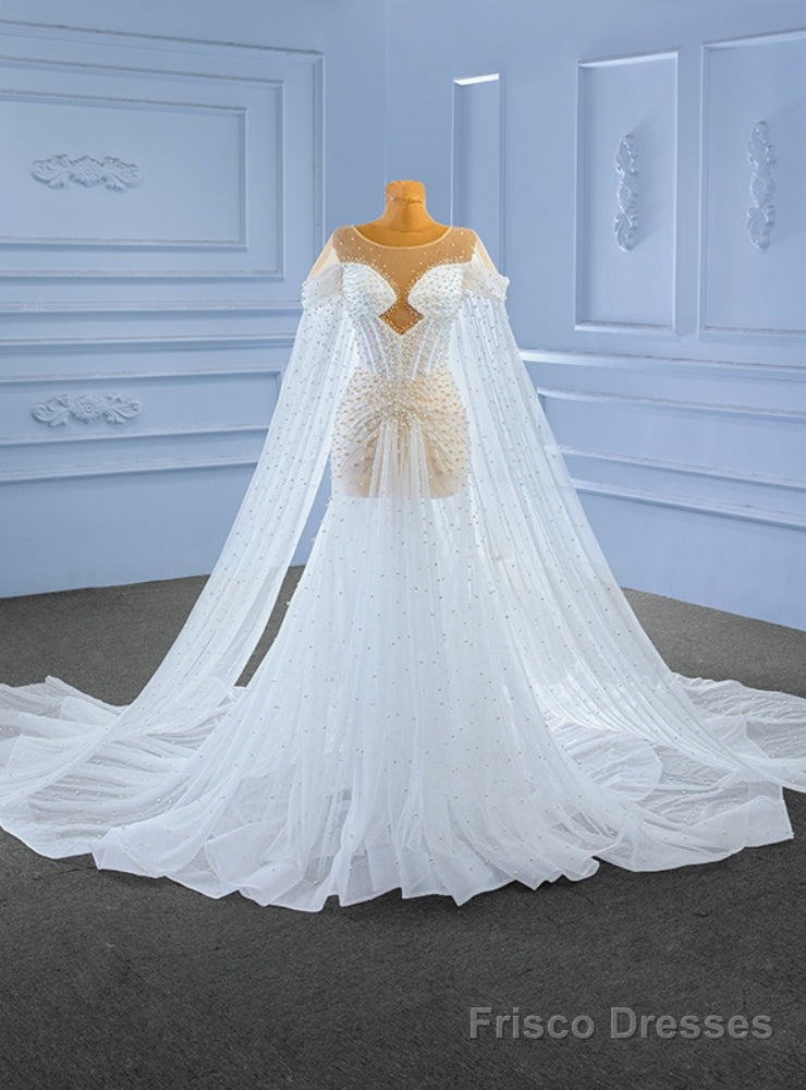 White See Through Tulle Pearls Wedding Dress