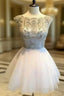 White Sequin Rhinestone Short Formal Prom Dress, Cute Homecoming Dress