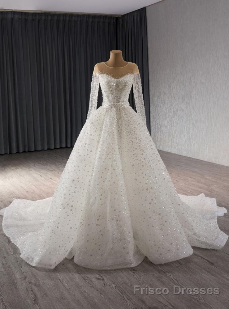 White Sequins Long Sleeve Mermaid Wedding Dress With Detachable Tail Main image