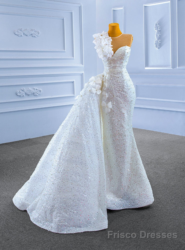 White Sequins Mermaid Pearls Appliques Wedding Dress Main image