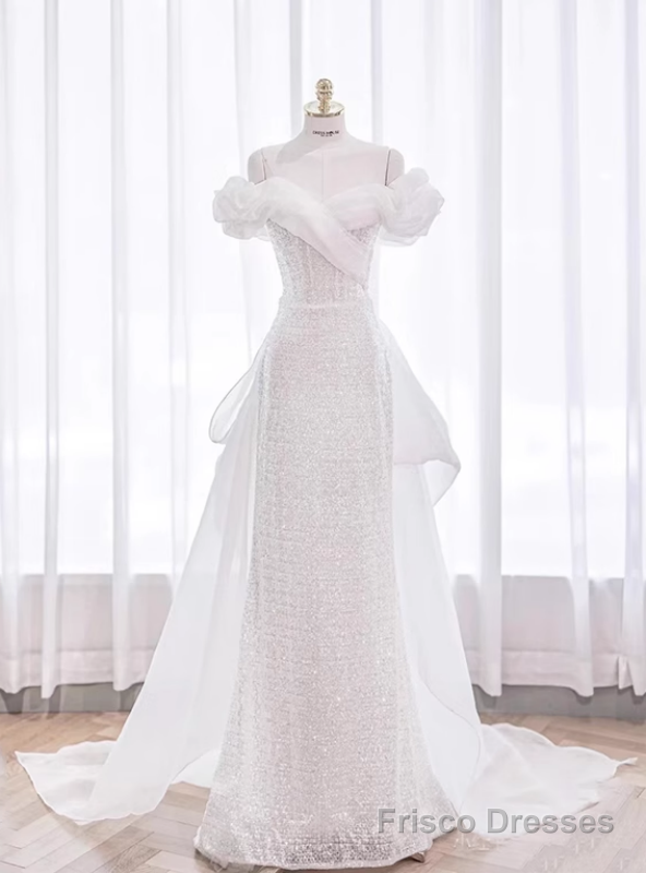 White Sequins Off the Shoulder Wedding Dress