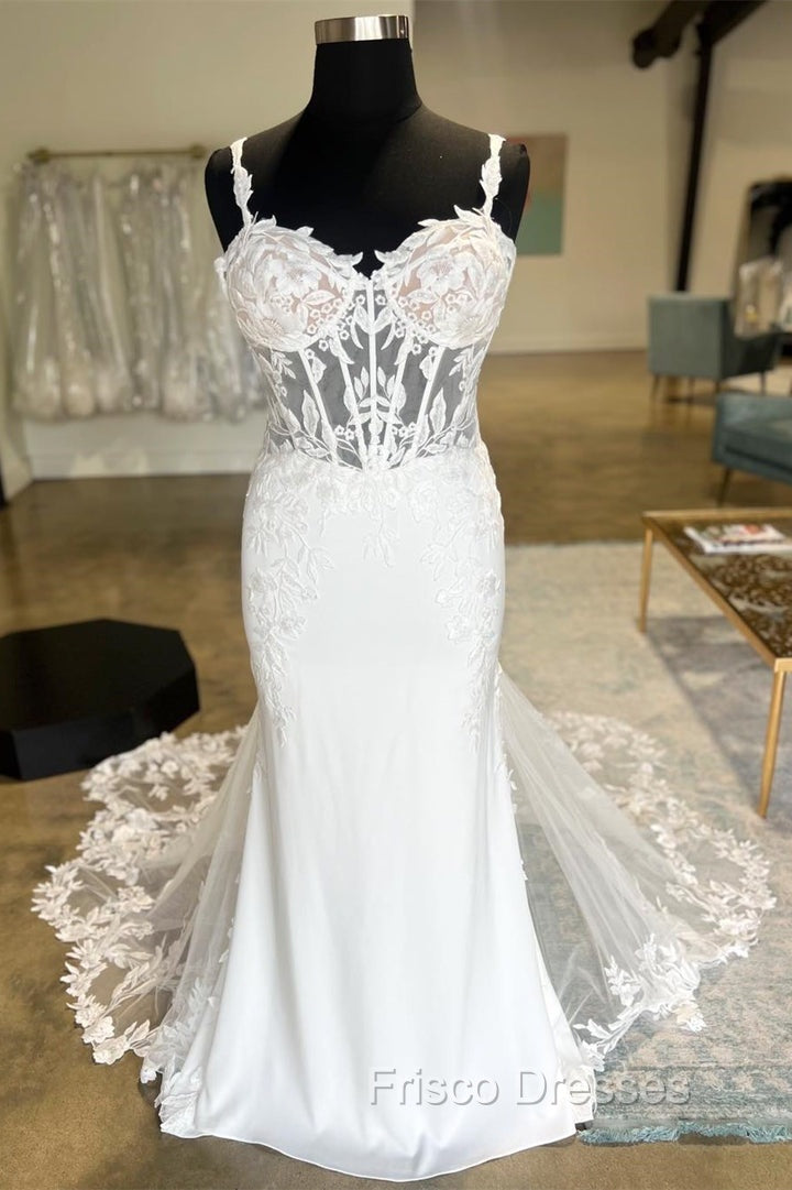 White Sheer Corset Mermaid Wedding Dress With Mesh Train Sexy