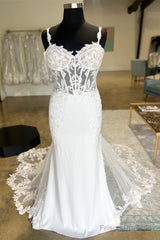 White Sheer Corset Mermaid Wedding Dress With Mesh Train Sexy