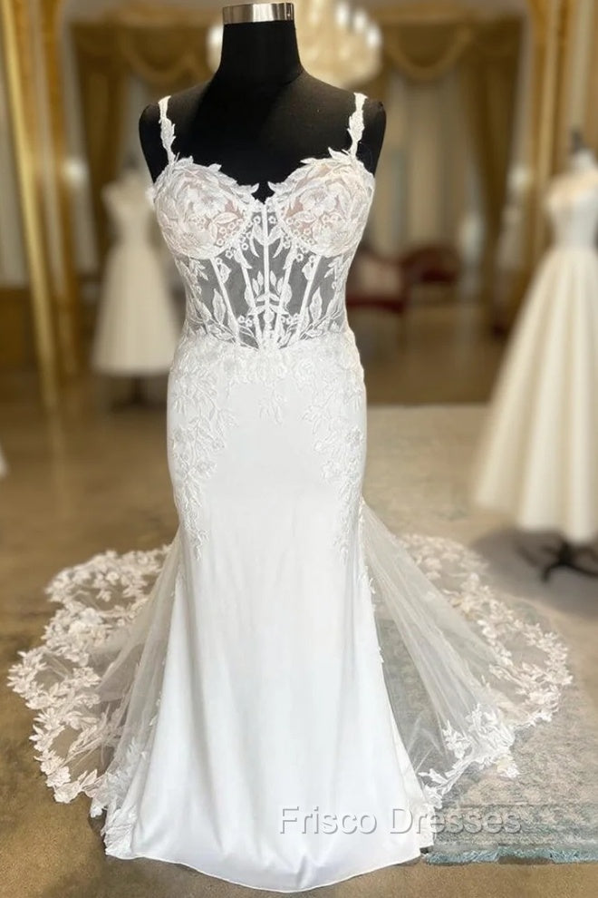 White Sheer Corset Mermaid Wedding Dress With Mesh Train Sexy – Frisco
