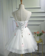 White Short Cute Graduation Party Dress , Lovely Formal Prom Dress , Formal Dress Tulle With Flowers