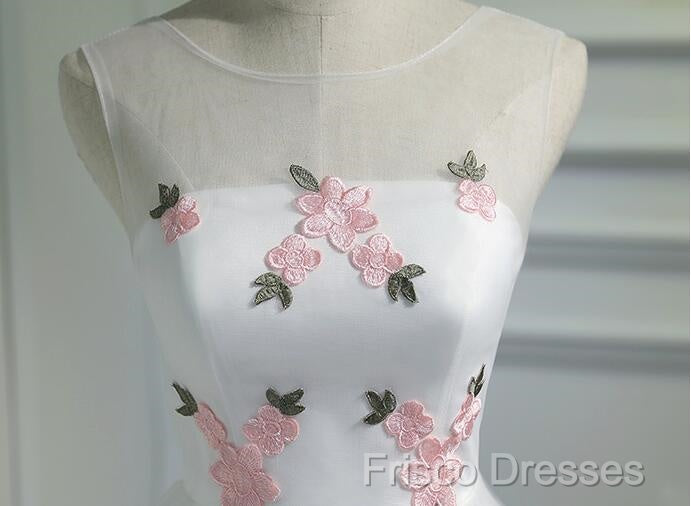 White Short Cute Graduation Party Dress , Lovely Formal Prom Dress , Formal Dress Tulle With Flowers