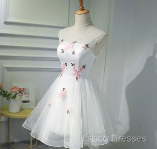 White Short Cute Graduation Party Dress , Lovely Formal Prom Dress , Formal Dress Tulle With Flowers