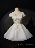White Short Flowers Lace Short Party Dress, White Graduation Dress Formal Prom Dress