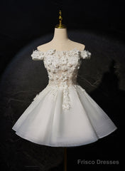 White Short Flowers Lace Short Party Dress, White Graduation Dress Prom Dress