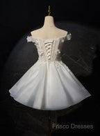 White Short Flowers Lace Short Party Dress, White Graduation Dress Formal Prom Dress