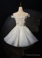 White Short Flowers Lace Short Party Dress, White Graduation Dress Prom Dress