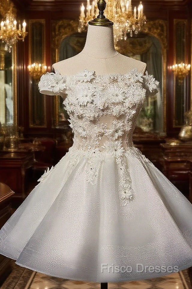 White Short Flowers Lace Short Party Dress, White Graduation Dress Formal Prom Dress Main image
