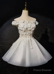 White Short Flowers Lace Short Party Dress, White Graduation Dress Prom Dress