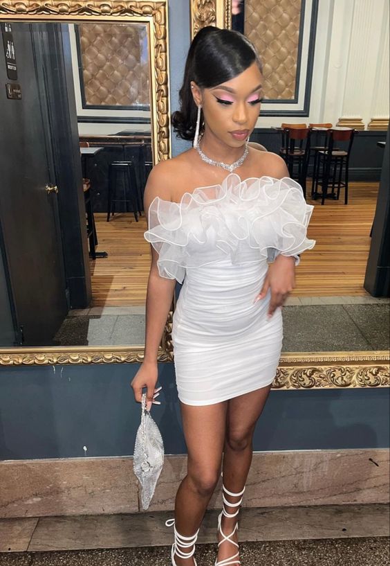 White Short Homecoming Dress With Rufflues Main image