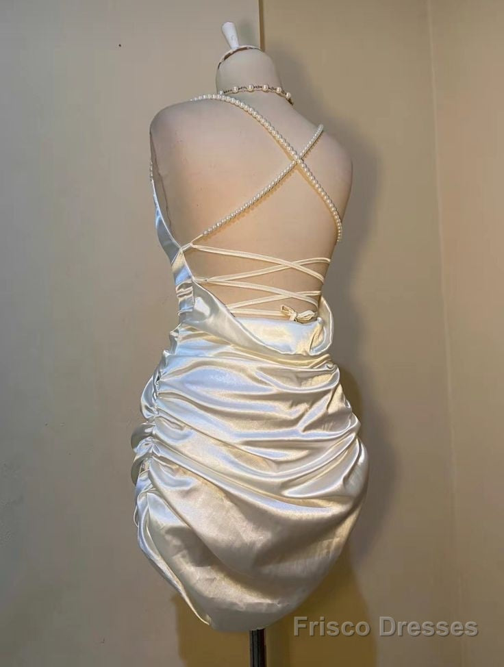 White Short Satin Sheath Birthday Dress Short Prom Dress Secondary image