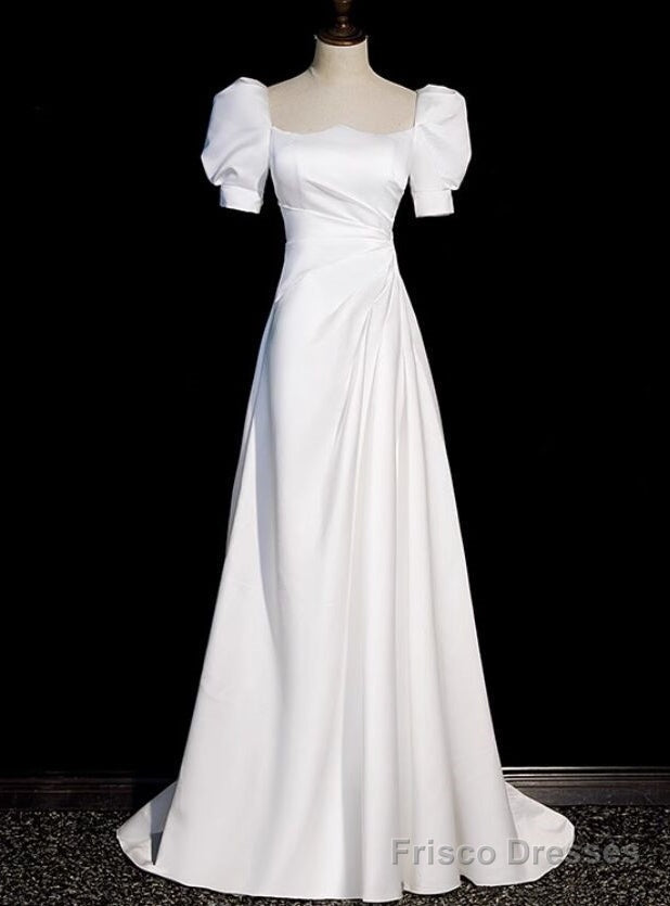White Short Sleeve Square Neck Pleats Wedding Dress