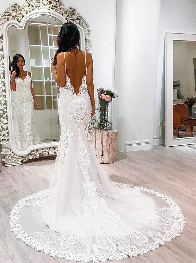 Straps Lace Full Length Fashion Dresses Spaghetti-Straps Tulle Long Wedding Dress Main image