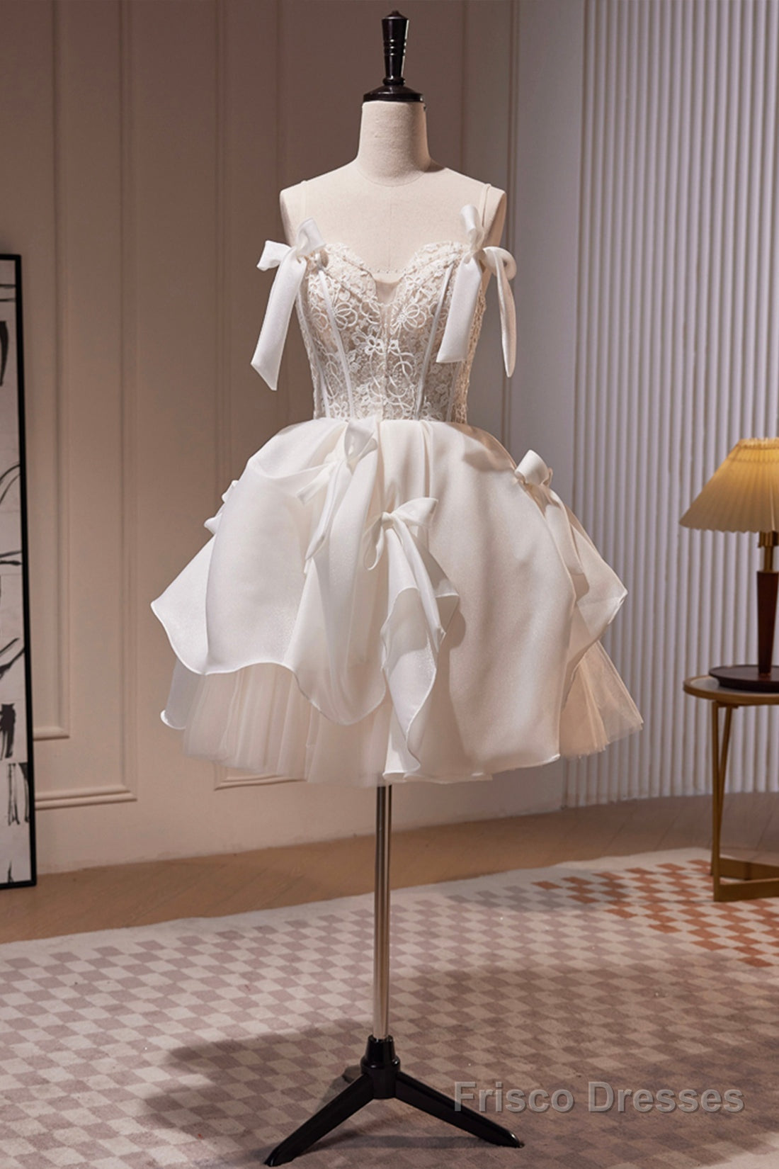 White Spaghetti Strap Lace Short Party Dress Main image