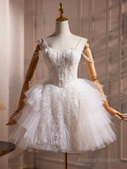 White Spaghetti Strap Tulle Beaded Short Prom Dress, Cute A-Line Party Dress