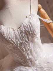 White Spaghetti Strap Tulle Beaded Short Prom Dress, Cute A-Line Party Dress