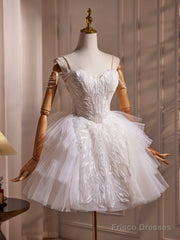 White Spaghetti Strap Tulle Beaded Short Prom Dress, Cute A-Line Party Dress