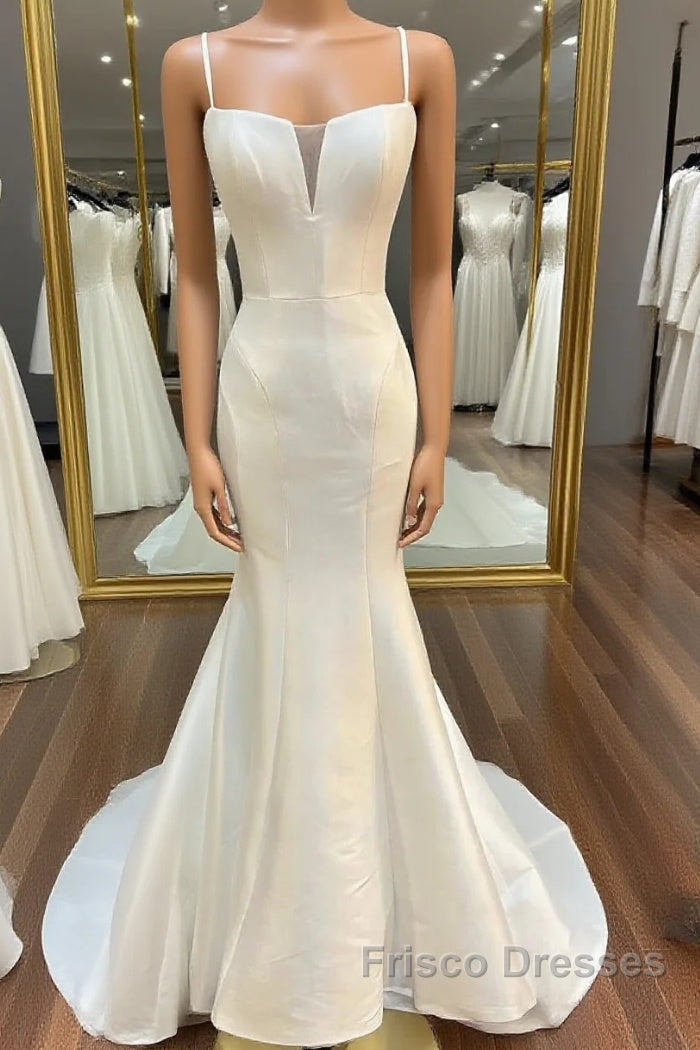White Split Neck Trumpet Long Wedding Dress Main image