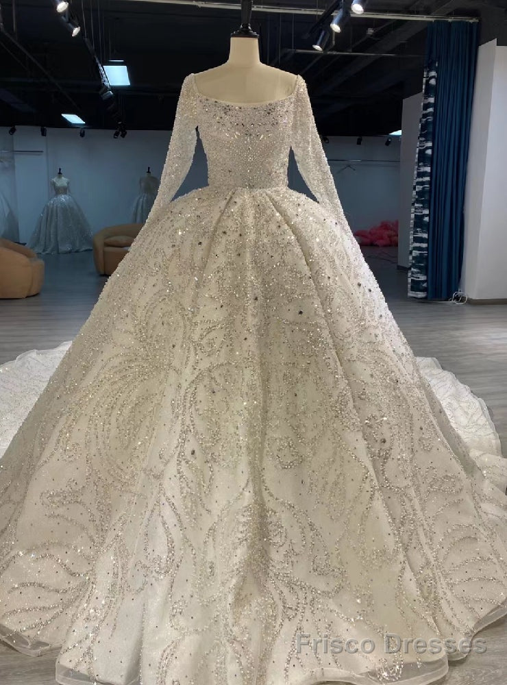 White Square Long Sleeve Heavy Beading Wedding Dress Main image