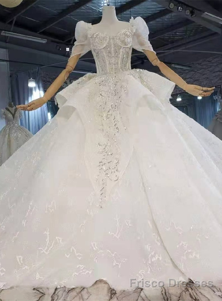 White Square Puff Sleeve Beading Sequins Wedding Dress Main image