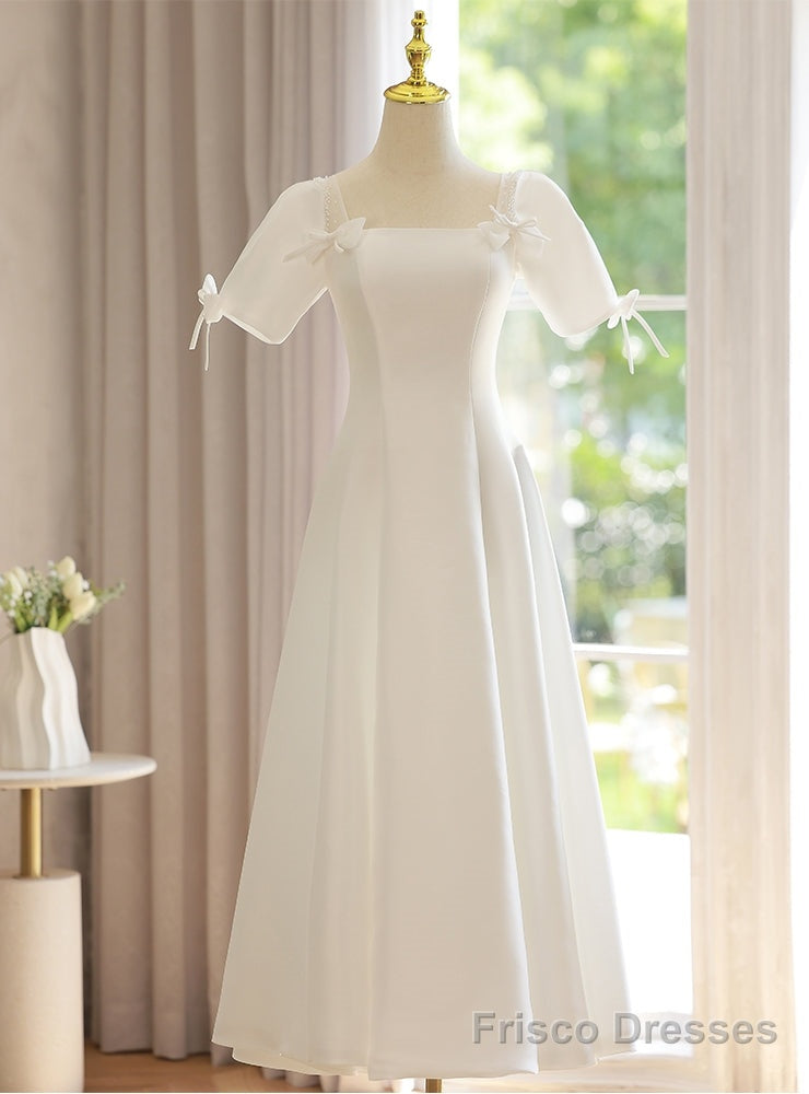White Square Short Sleeve Bow Wedding Dress