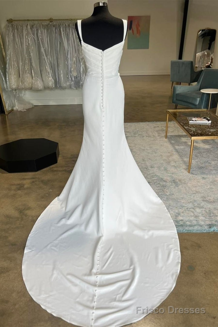 White Straight Neck Mermaid Long Wedding Dress Pure Color Secondary image