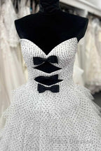 White Strapless Swiss Dot Layered Long Formal Prom Dress
