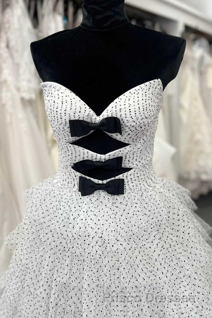 White Strapless Swiss Dot Layered Long Formal Prom Dress