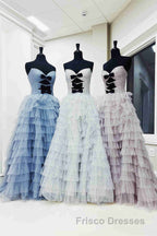 White Strapless Swiss Dot Layered Long Formal Prom Dress