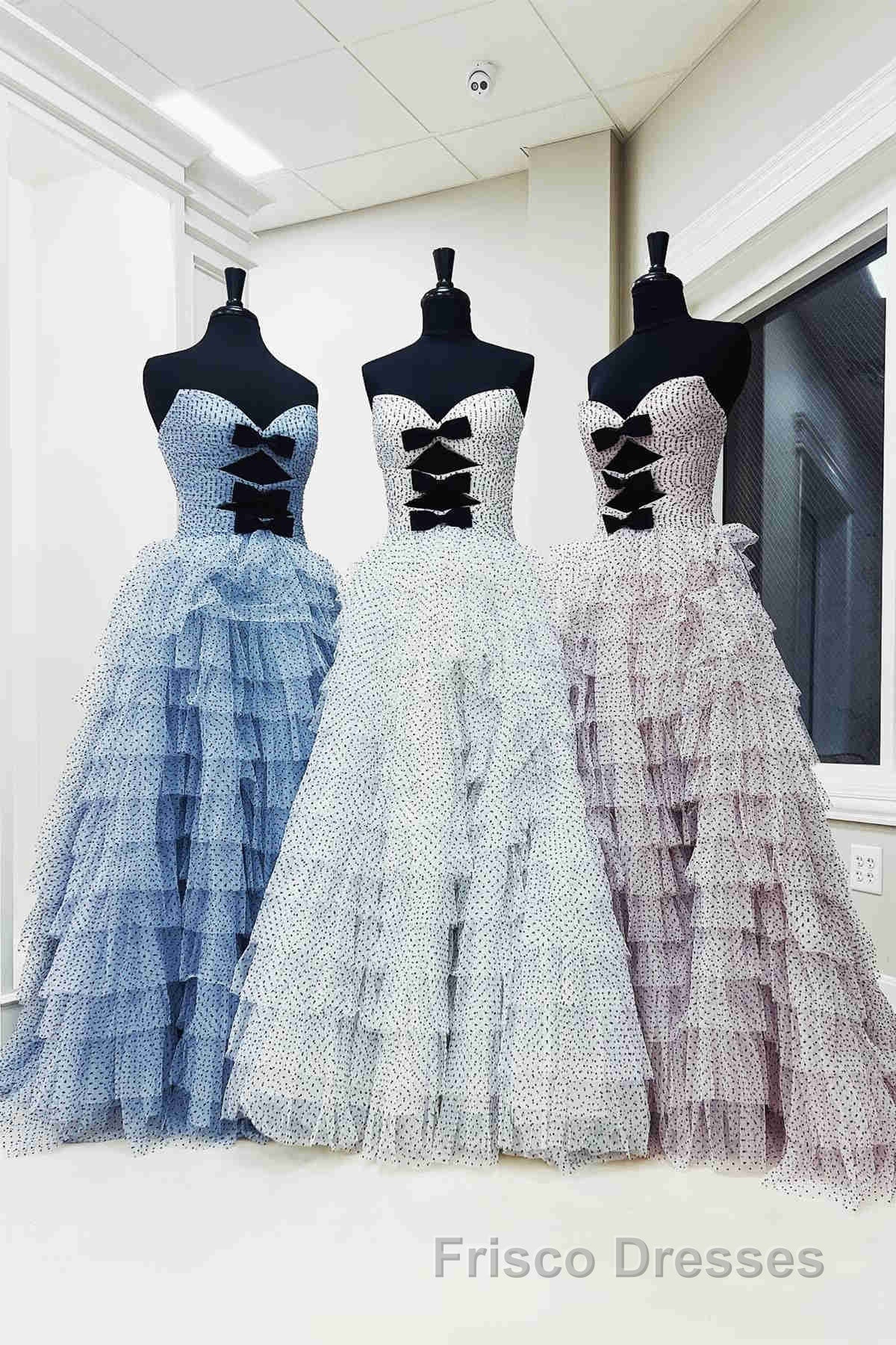 White Strapless Swiss Dot Layered Long Formal Prom Dress