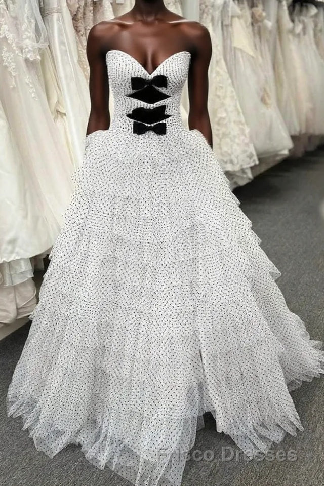 White Strapless Swiss Dot Layered Long Formal Prom Dress