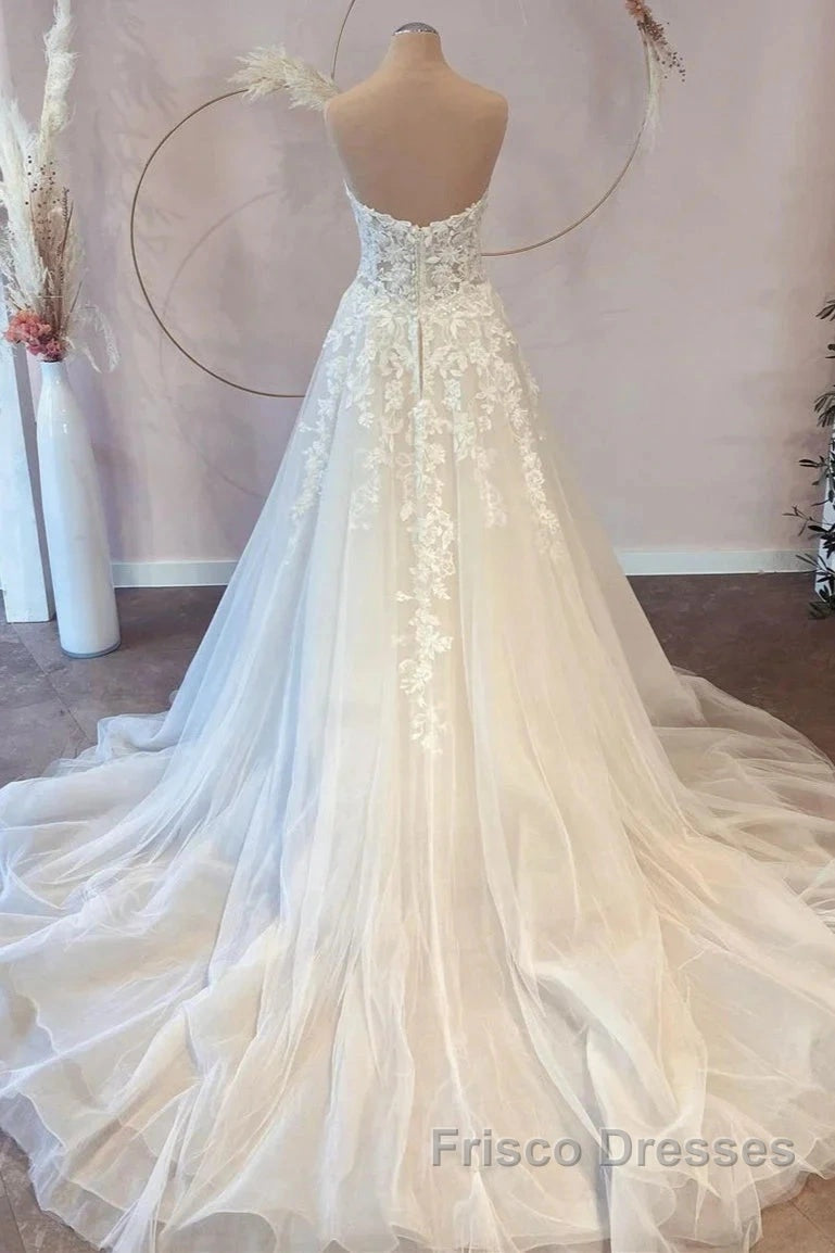 White Sweetheart A-Line Wedding Dress Tulle Lace Bridal Dress With Sweep Train Off Shoulder Elegant Secondary image