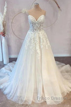 White Sweetheart A-Line Wedding Dress Tulle Lace Bridal Dress With Sweep Train Off Shoulder Elegant