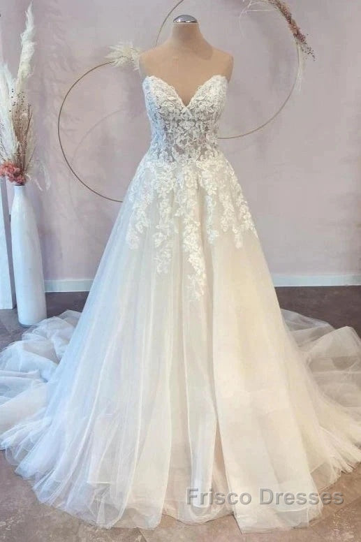 White Sweetheart A-Line Wedding Dress Tulle Lace Bridal Dress With Sweep Train Off Shoulder Elegant