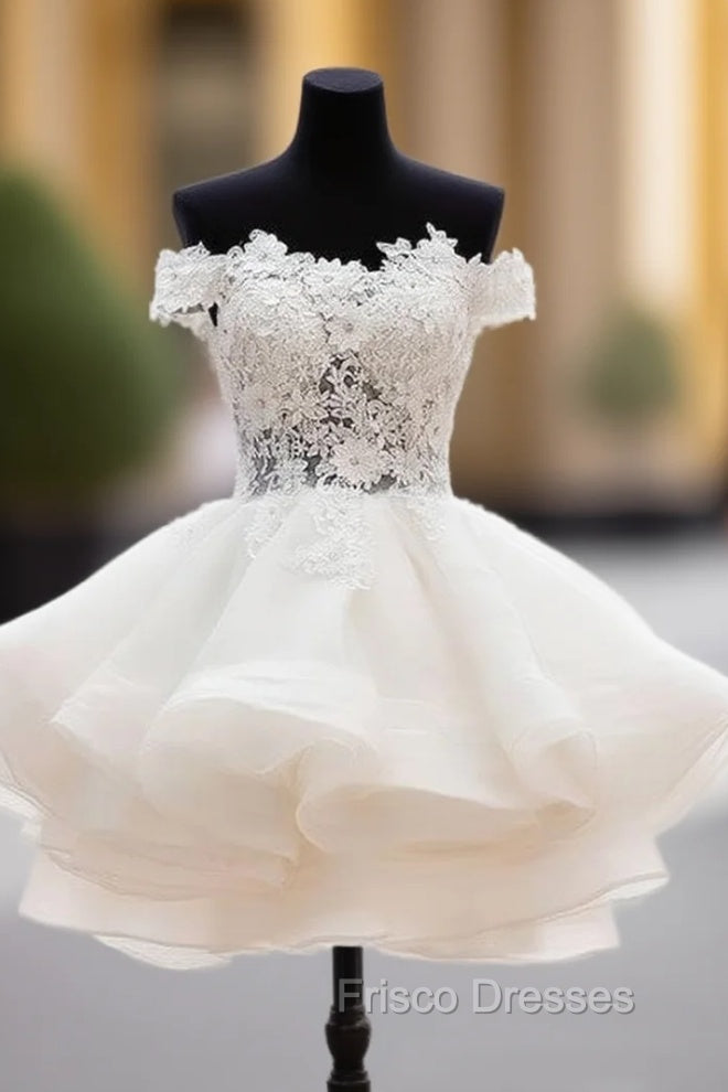 White Sweetheart Lace Applique Short Formal Prom Dress, Cute White Homecoming Dress Main image