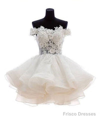 White Sweetheart Lace Applique Short Prom Dress, Cute White Homecoming Dress
