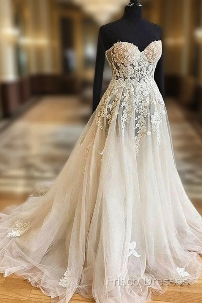 White Sweetheart Lace Applique Tulle Wedding Dress, Lace Wedding Gown, Lace Bridal Formal Prom Dress