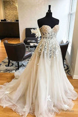 White Sweetheart Lace Applique Tulle Wedding Dress, Lace Wedding Gown, Lace Bridal Prom Dress
