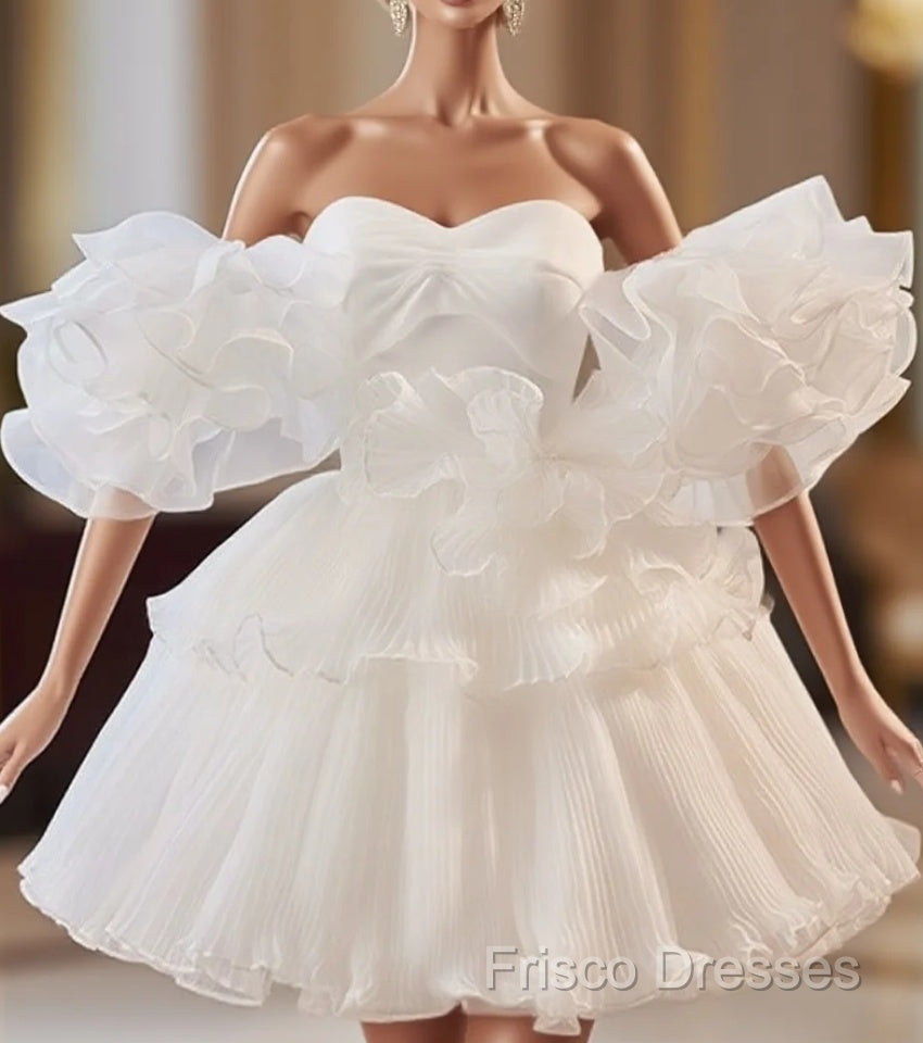 White Sweetheart Neck Organza Short Formal Prom Dress, White Homecoming Dress Main image