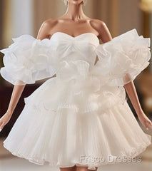 White Sweetheart Neck Organza Short Formal Prom Dress, White Homecoming Dress