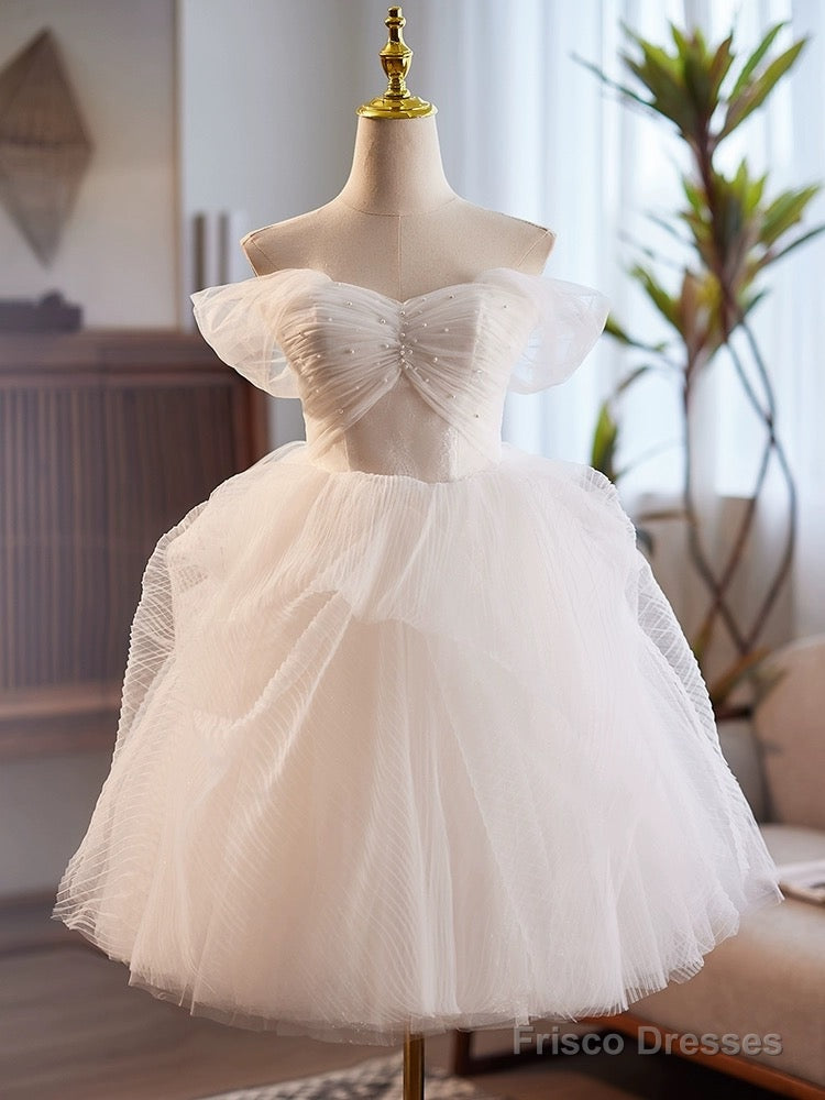 White Sweetheart Neck Tulle Lace Short Prom Dress, White Homecoming Dress Main image
